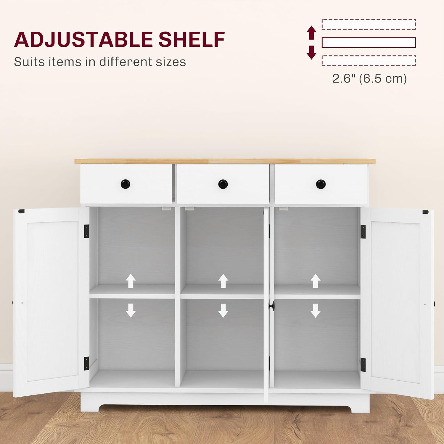 Sideboard with Solid Wood Countertop, Modern Kitchen Storage Cabinet, Coffee Bar Cabinet with 3 Drawers, Doors and Adjustable Shelf, Distressed White,for Kitchen