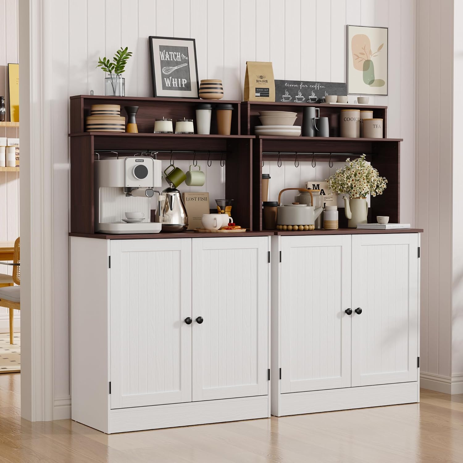 MHOM Farmhouse Bar Cabinet with Storage, Coffee Station Cabinet with 5 Hooks, Small Coffee Bar for Kitchen & Living Room, Antique White