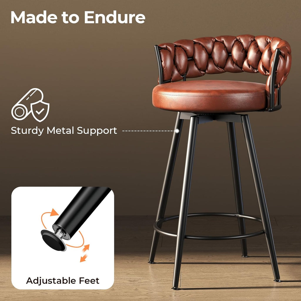 26" Counter Height Bar Stools Set of 2, Premium Faux Leather Barstools with Woven Backs Support & Heavy Duty Metal Legs, Upholstered 360°Swivel Bar Chairs for Kitchen Counter, Easy Assembly, Brown