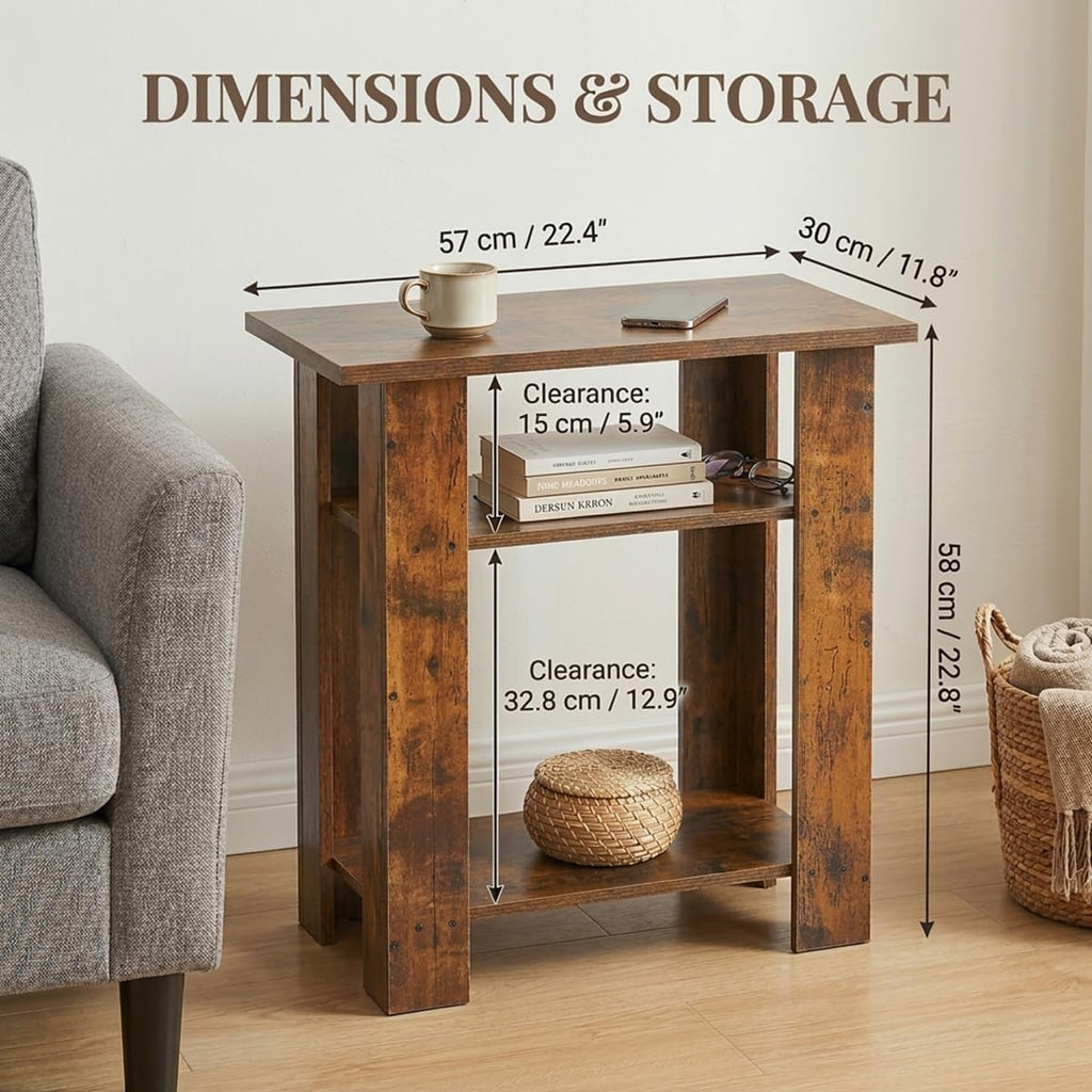 Narrow Side Table, 3 Tier Rustic End Table for Living Room, Small Wood Nightstand with Storage Shelves, Slim Bedside Table for Bedroom, Couch, Small Spaces, 22.8" High,Farmhouse Style