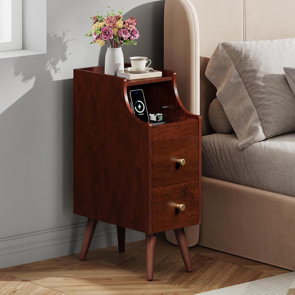 WLIVE Narrow Nightstand with Drawers, Narrow Bedside Tables with Open Shelf & Cable Hole, Small Nightstand for Bedroom, Modern Storage Side Table for Small Spaces/Living Room, Cherry