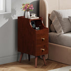 WLIVE Narrow Nightstand with Drawers, Narrow Bedside Tables with Open Shelf & Cable Hole, Small Nightstand for Bedroom, Modern Storage Side Table for Small Spaces/Living Room, Cherry