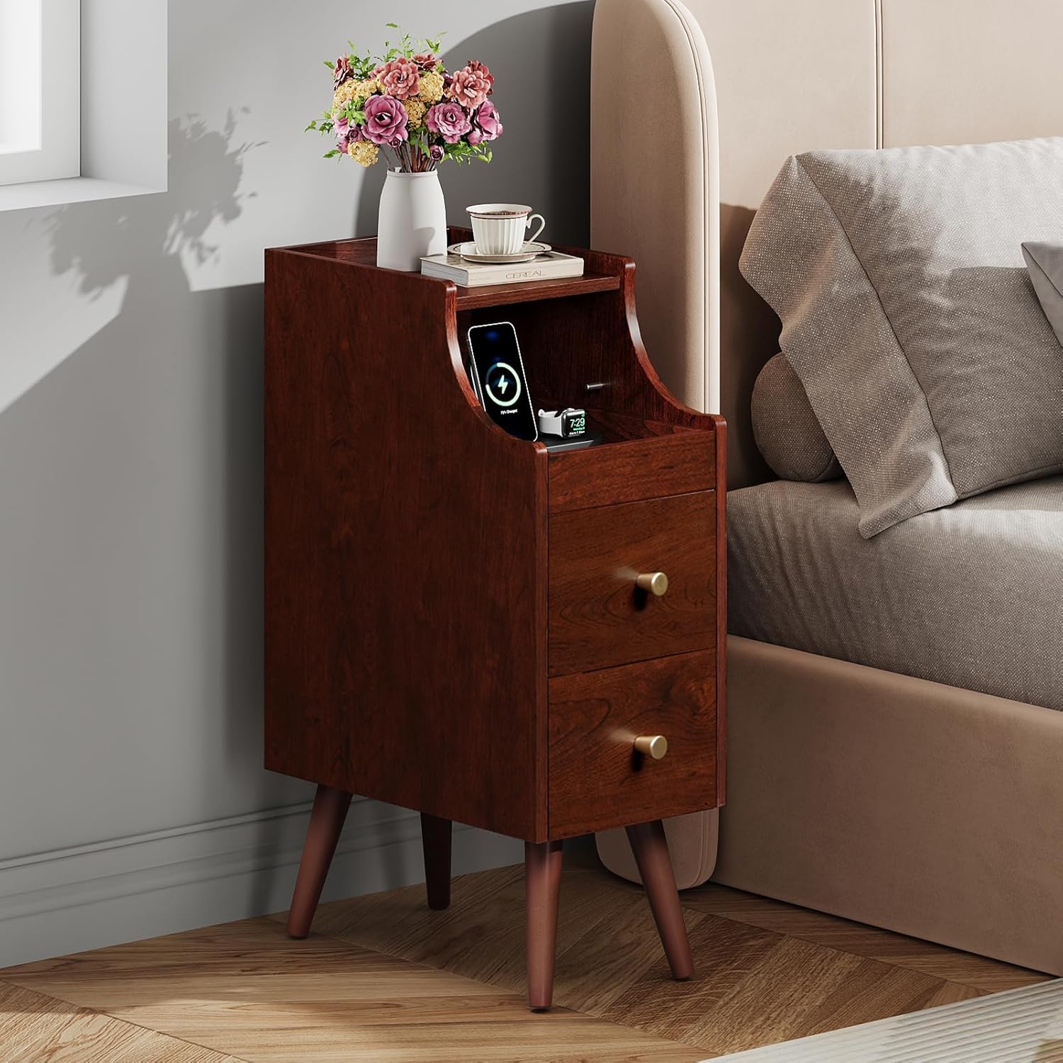 WLIVE Narrow Nightstand with Drawers, Narrow Bedside Tables with Open Shelf & Cable Hole, Small Nightstand for Bedroom, Modern Storage Side Table for Small Spaces/Living Room, Cherry
