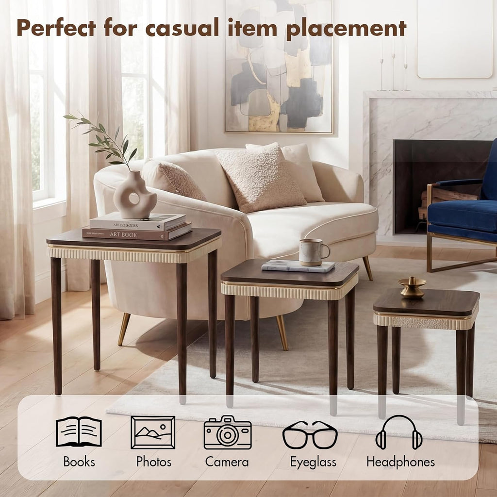 Hyfirm Walnut Side Table End Table Nesting Tables Set of 3, Retro Nesting Tables with Veneered Top & Gold Trim, Mid Century Modern Nesting Wood Coffee Tables for Living Room/Bedroom/Apartment