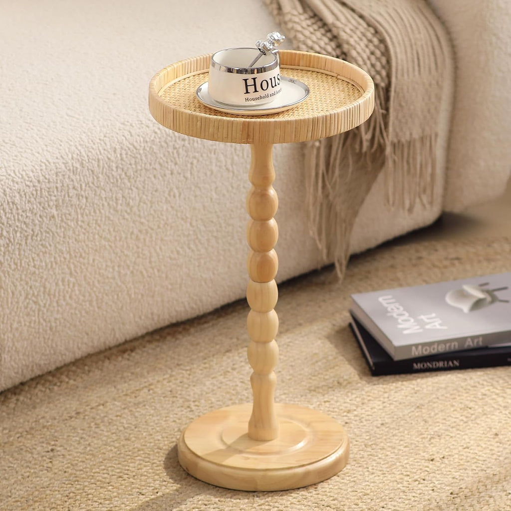 Small Drink Table, Rattan Round Side Table for Small Spaces, Boho Accent Table End Table with Solid Wood Leg for Living Room, Nightstand Table for Bedroom, Corners