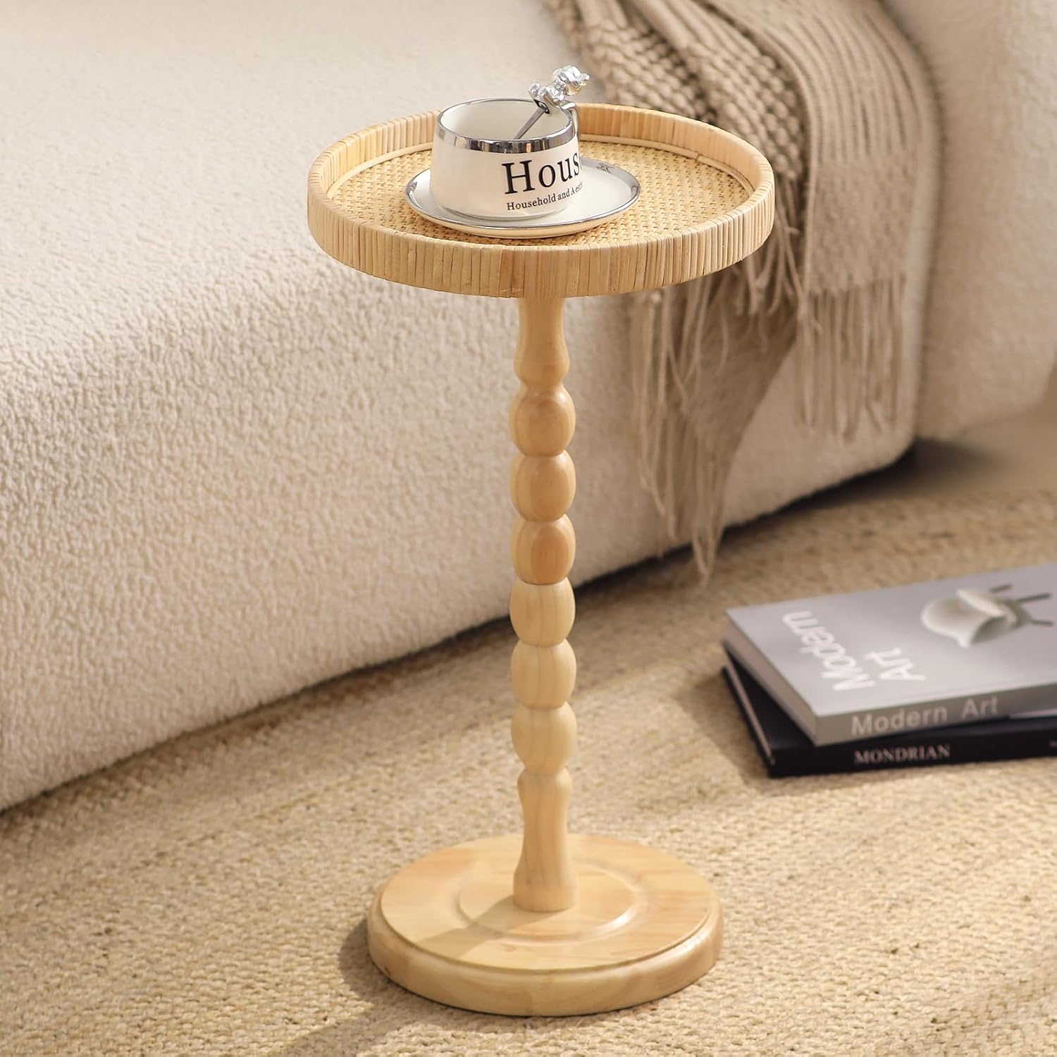 Small Drink Table, Rattan Round Side Table for Small Spaces, Boho Accent Table End Table with Solid Wood Leg for Living Room, Nightstand Table for Bedroom, Corners