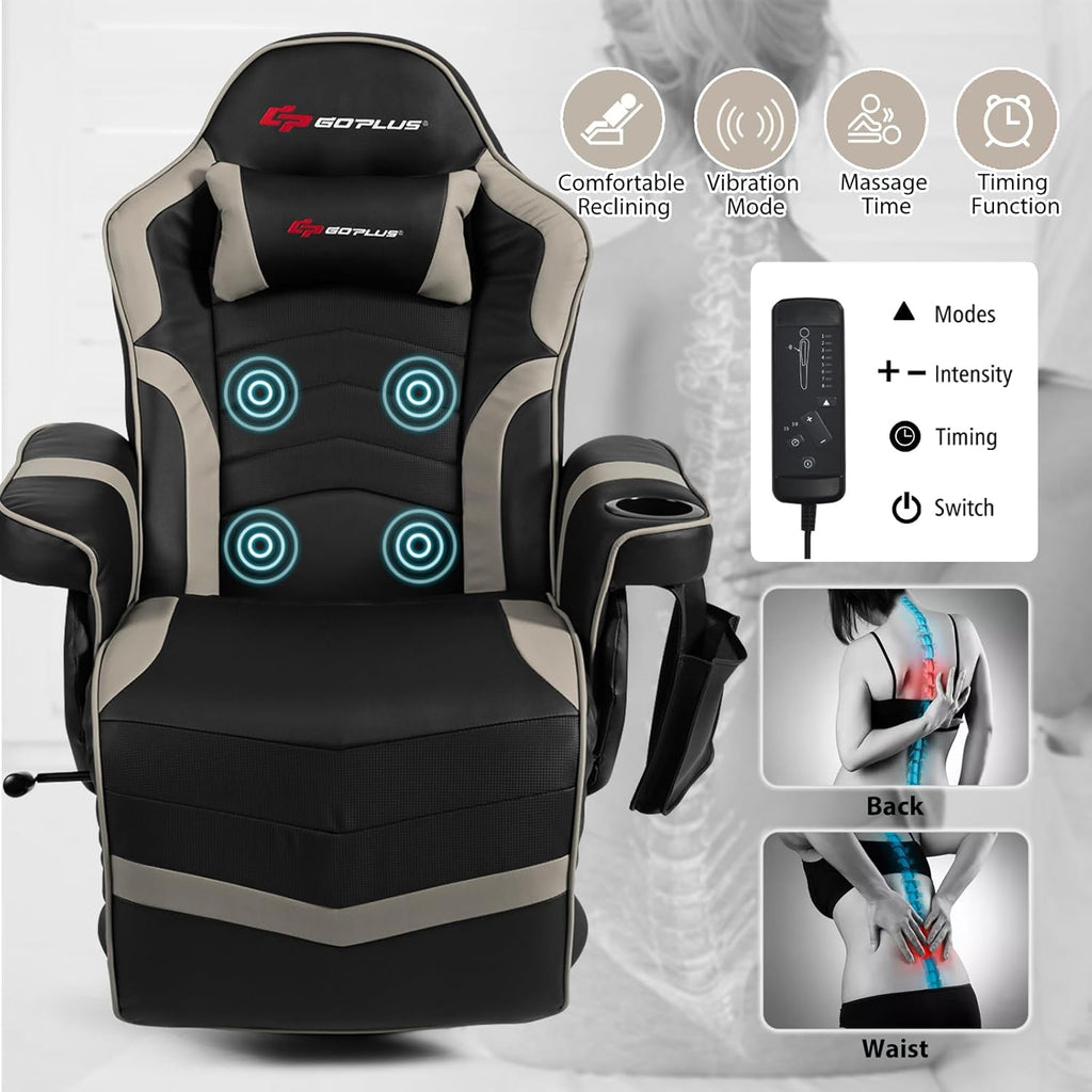 POWERSTONE Gaming Recliner Massage Gaming Chair with Footrest Ergonomic PU Leather Single Sofa with Cup Holder Headrest and Side Pouch, Adjustable Living Room Chair Home Theater Seating (Grey)