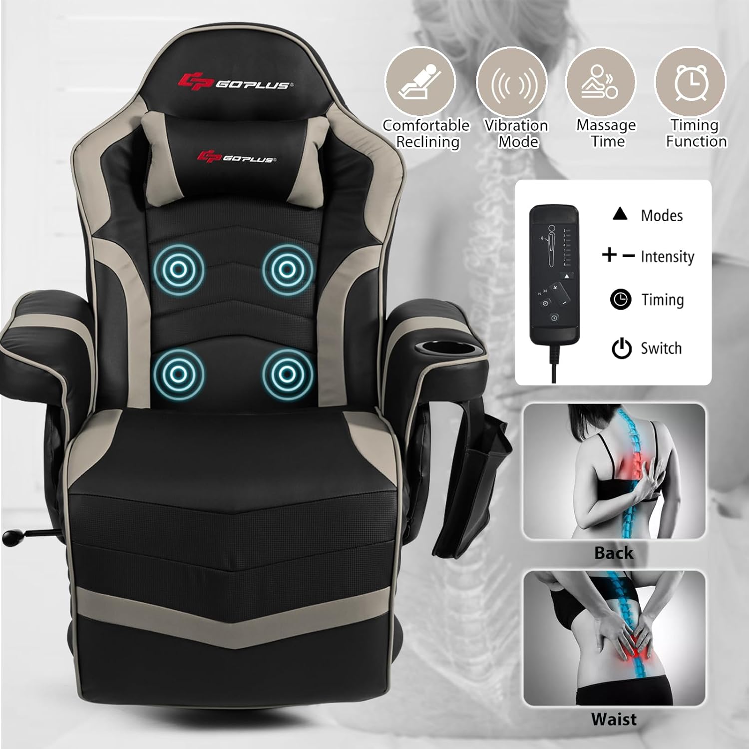 POWERSTONE Gaming Recliner Massage Gaming Chair with Footrest Ergonomic PU Leather Single Sofa with Cup Holder Headrest and Side Pouch, Adjustable Living Room Chair Home Theater Seating (Grey)