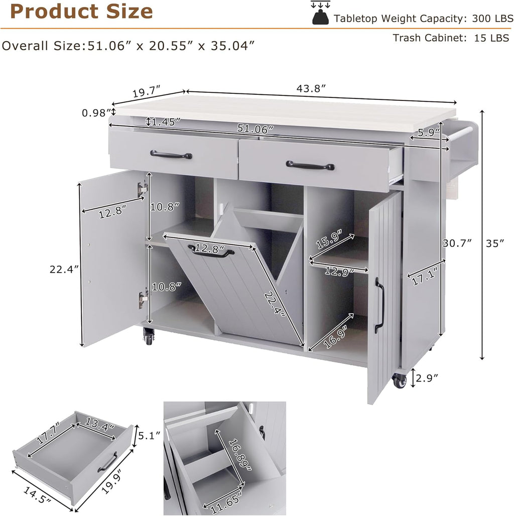Ball & Cast Kitchen Island with Trash Can Storage Cabinet,Kitchen Cart W/Drop Leaf,Spice Rack,Towel Rack and Drawers,Rolling Kitchen Islands on Wheels W/Adjustable Shelf for Dining Room,Grey