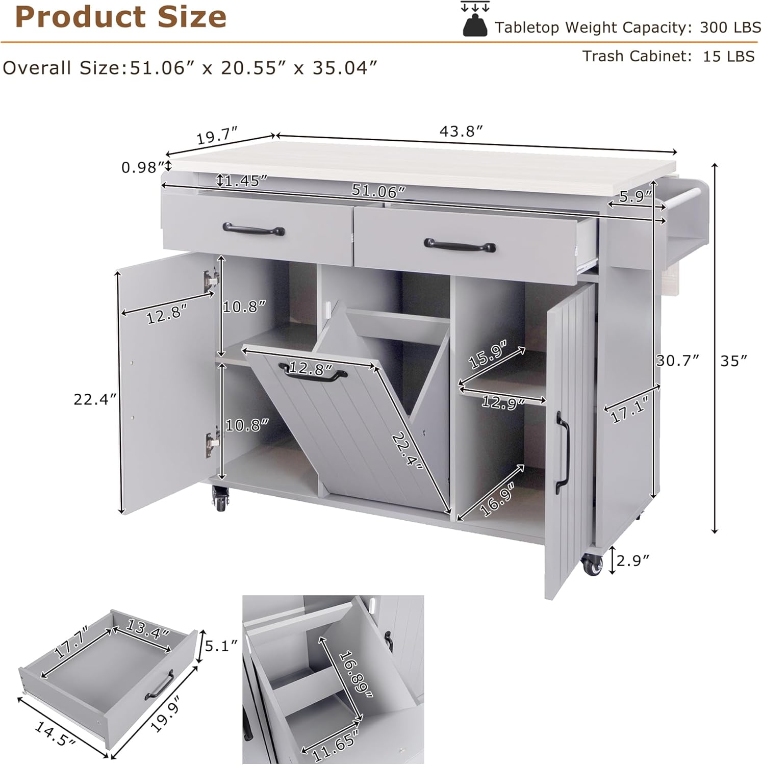 Ball & Cast Kitchen Island with Trash Can Storage Cabinet,Kitchen Cart W/Drop Leaf,Spice Rack,Towel Rack and Drawers,Rolling Kitchen Islands on Wheels W/Adjustable Shelf for Dining Room,Grey