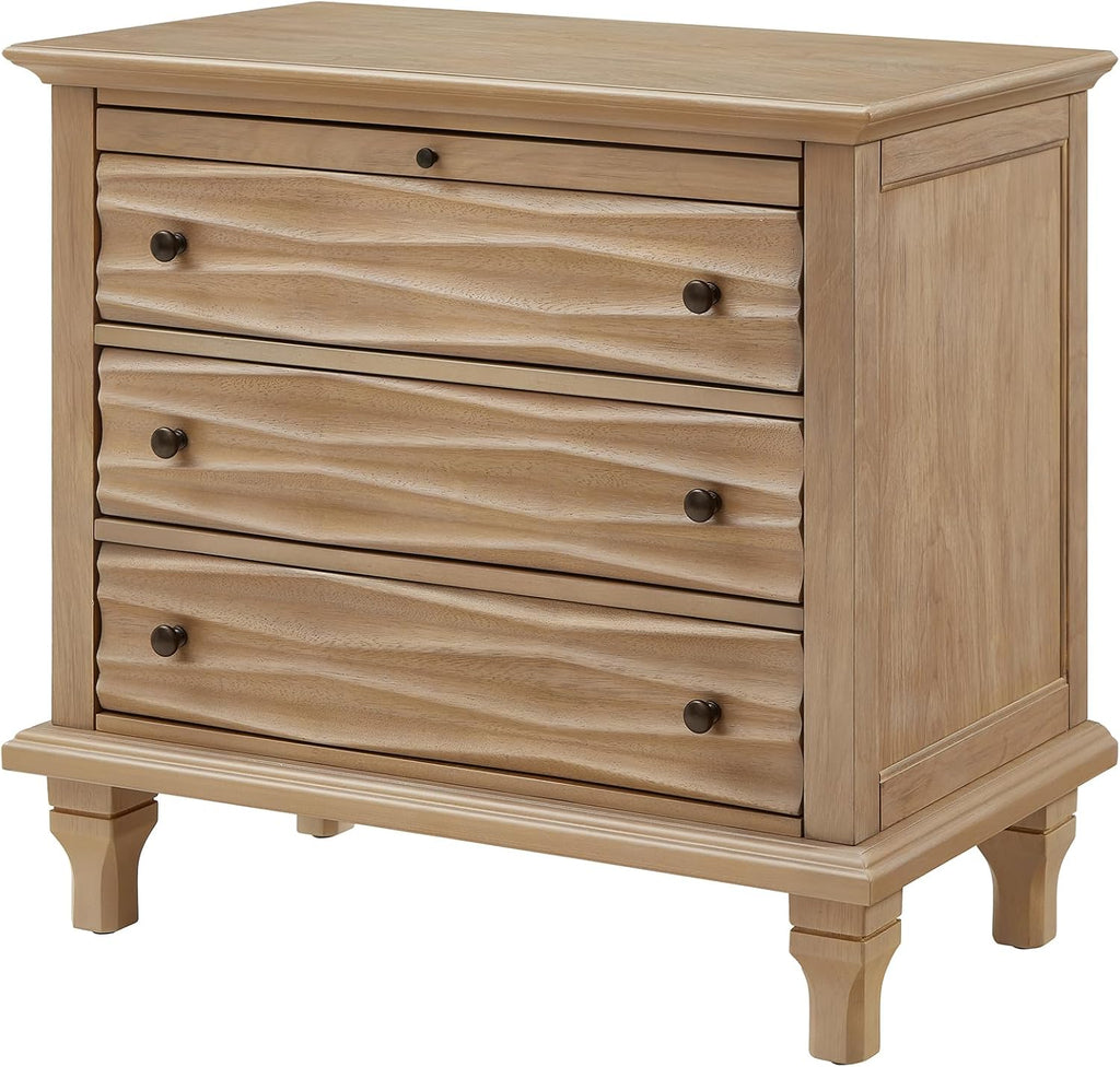 Traditional Wave Textured Nightstand, 3 Drawers Farmhouse Bedside Table with Solid Wood Legs, Rustic Storage End Table for Bedroom Living Room, Natural