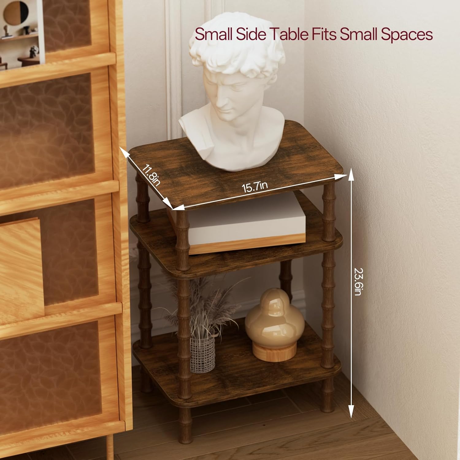 Side Table,Living Room End Tables with 3-Tier,Small Nightstand Table for Small Spaces,Sofa Side,Bedside, Bathroom,Coffee Table,Modern Bedside Table,Stable Frame,Easy Set Up (Rustic Brown)
