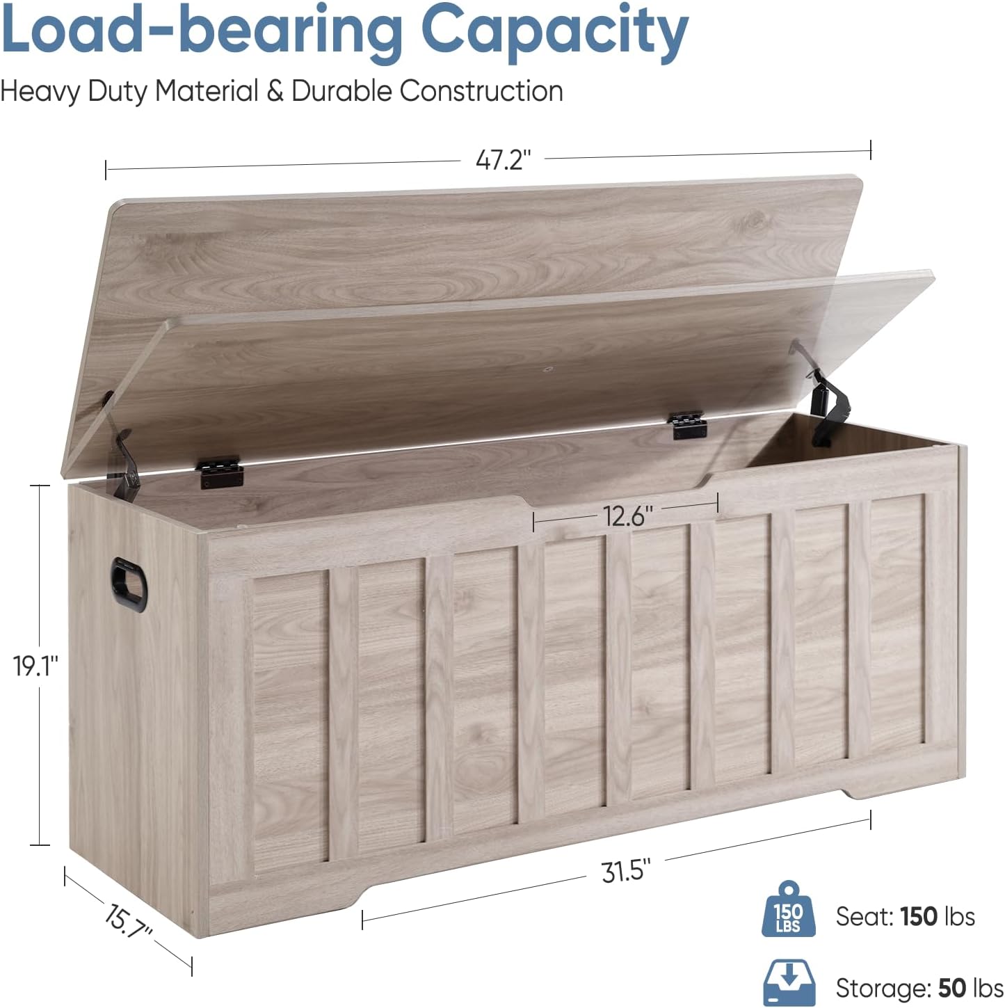 DUMOS 47.2" Extra Large Wooden Storage Chest Trunk Bench with Gel Safety Hinges, 150lbs Heavy Organizer, U-Cut Handles, Non-Slip Base, Bedroom Living Room Entryway, Grey