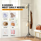 Heavy Duty Anti-Tip Coat Rack with 8LB Stable Weighted Base, [80LB Load Tested] Metal Standing Tree with 8 Hooks, 3-Height Adjustable Space Saving Clothes Organizer for Entryway, Bedroom, Office