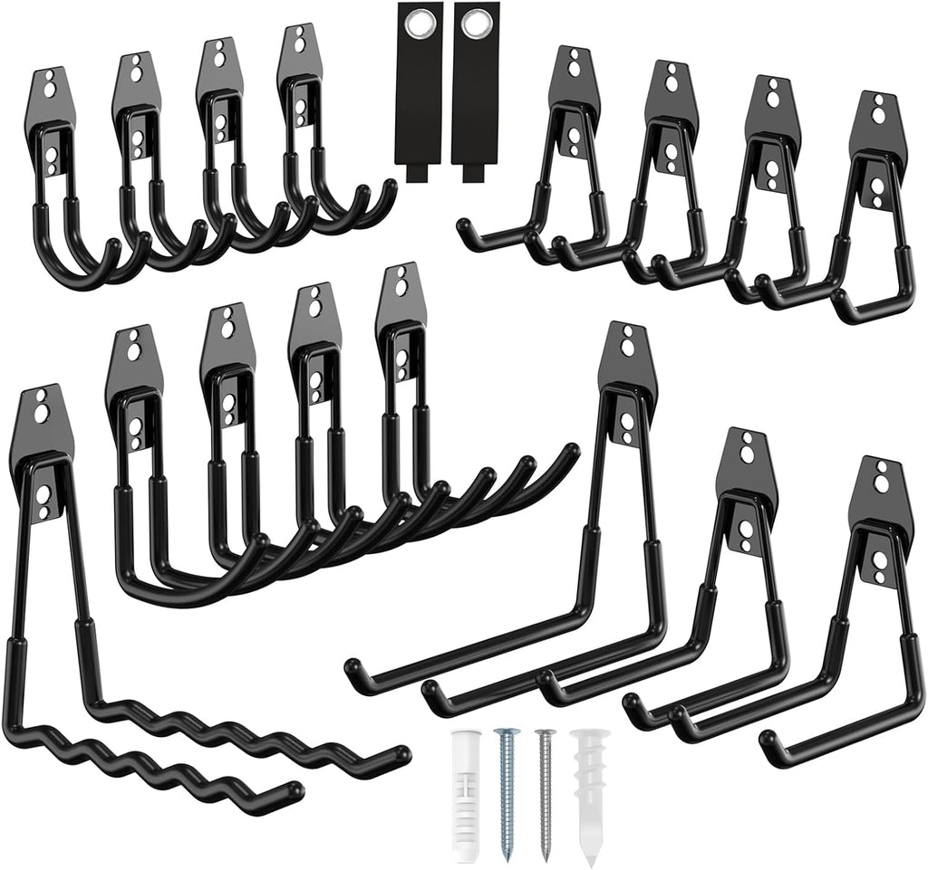 18 Pack Garage Hooks Heavy Duty, Utility Steel Garage Storage Hooks, Garage Organization System with Anti-Slip Wall Mount Hangers for Hanging Bike, Ladder, Garden Tools (Black)