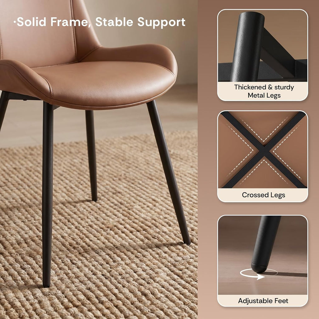 Modern Dining Chairs Set of 4, Faux Leather Modern Mid-Century Kitchen Chairs with Ergonomic Backrest & Heavy Duty X-Shape Base Metal Legs, Kitchen Chairs for Home Cafe,Brown