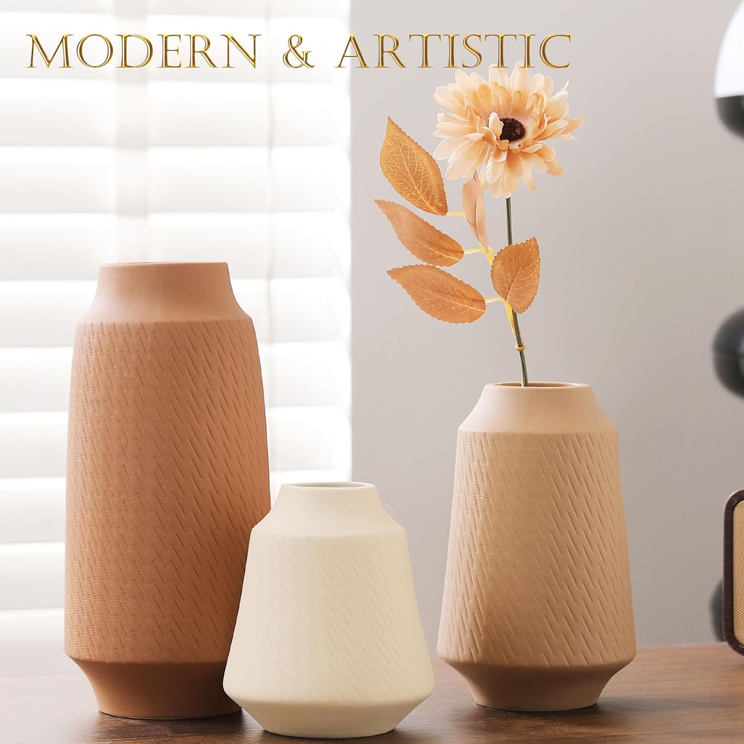 Joeabor Ceramic Vase Set of 3 - Handcrafted Ceramic Vases for Home Decor & Shelf - Modern Farmhouse Decor for Kitchen, Office, Bedroom & Living Room Decorative Objects for Mantel, Table Centerpieces