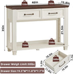 SAVOR LIFE Farmhouse 46" Console Table with 2 Drawers, Rustic Wood 2 Tier Entryway Table with Open Storage Shelf for Entry, Large Mid-Century Vintage Sofa Tables Behind Couch for Living Room, White