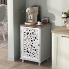 JOINICE Accent Storage Cabinet with Mandala Carved Doors,Small,White | Handcrafted Distressed Carvings,Vintage Floral Design for living room & office & bedroom,Solid Wood Legs,Adjustable Shelves
