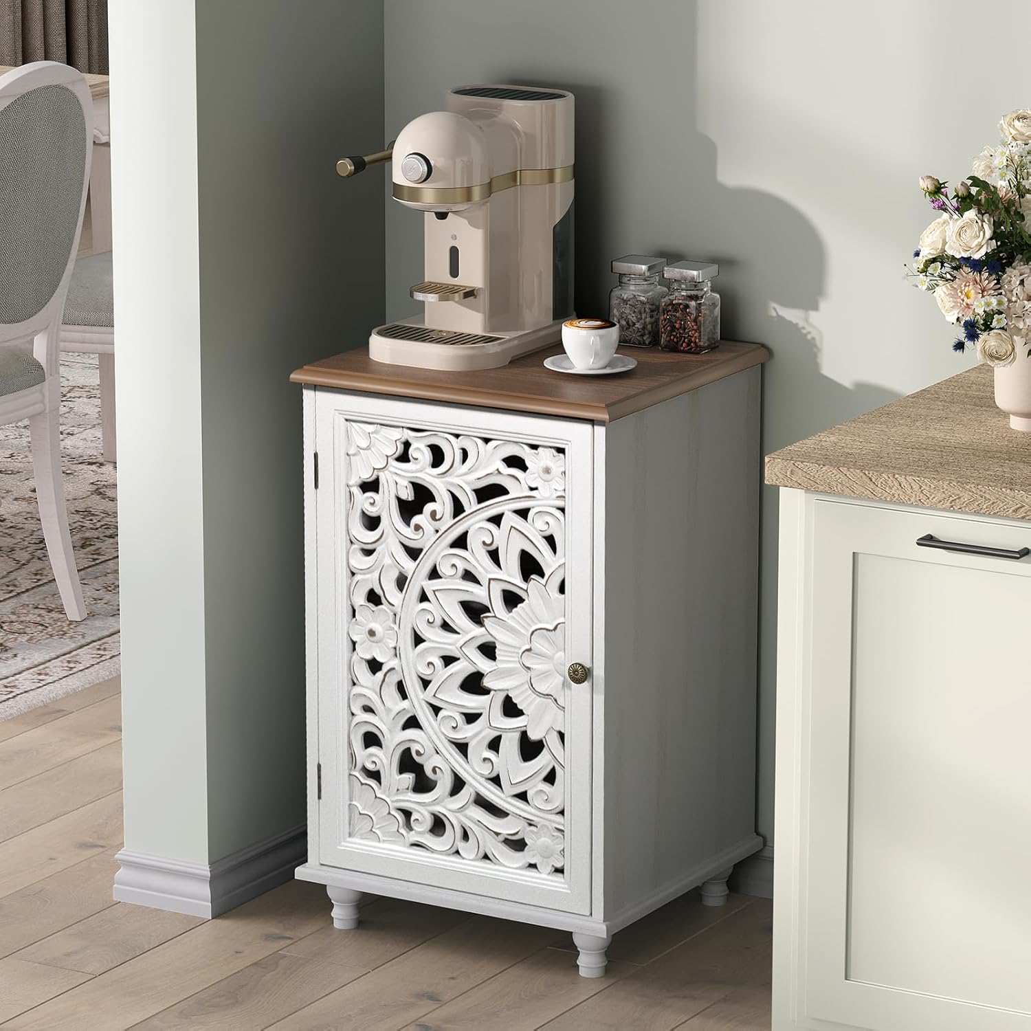 JOINICE Accent Storage Cabinet with Mandala Carved Doors,Small,White | Handcrafted Distressed Carvings,Vintage Floral Design for living room & office & bedroom,Solid Wood Legs,Adjustable Shelves