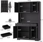 Pantry Storage Cabinet with Charging Station, Kitchen Storage with Adjustable Shelves, Food Pantry Cabinet with Coffee Bar Storage, Modern Kitchen Cupboard for Dining Room, Living Room, Black