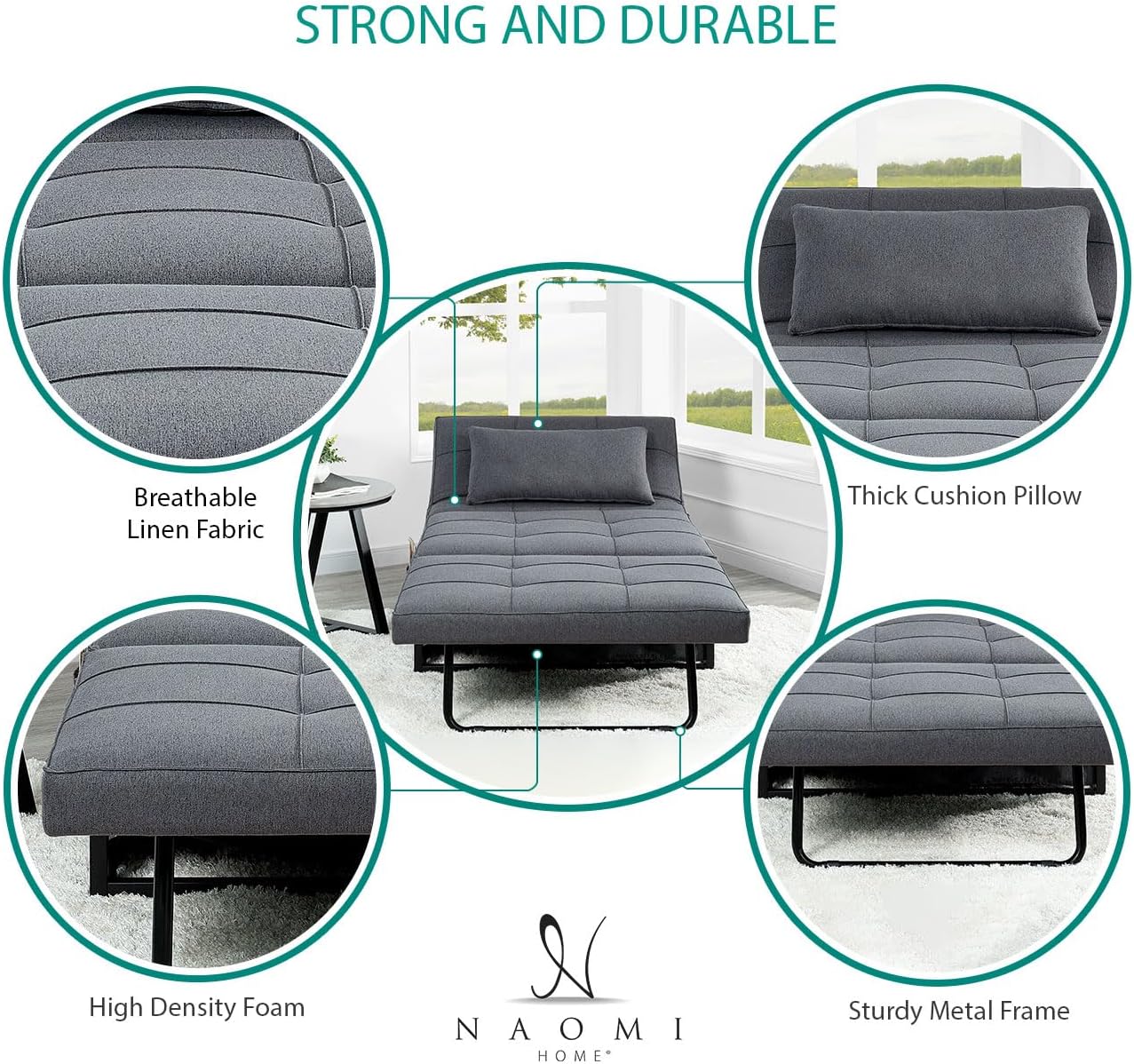 Naomi Home 4-in-1 Folding Chair Bed, Space-Saving Convertible Sleeper Sofa for Apartments & Guest Rooms, Adjustable Backrest, Linen Fabric, Includes Support Pillow in Gray