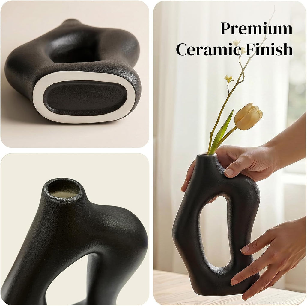 Dowan Black Vases for Decor,Hollow Ceramic Vase Set of 2,7.6" Nordic Modern Boho ins Style Decorative Ceramic Aesthetic Flower Vase for Home Decor Modern Minimalist Table, Entryway Centerpieces