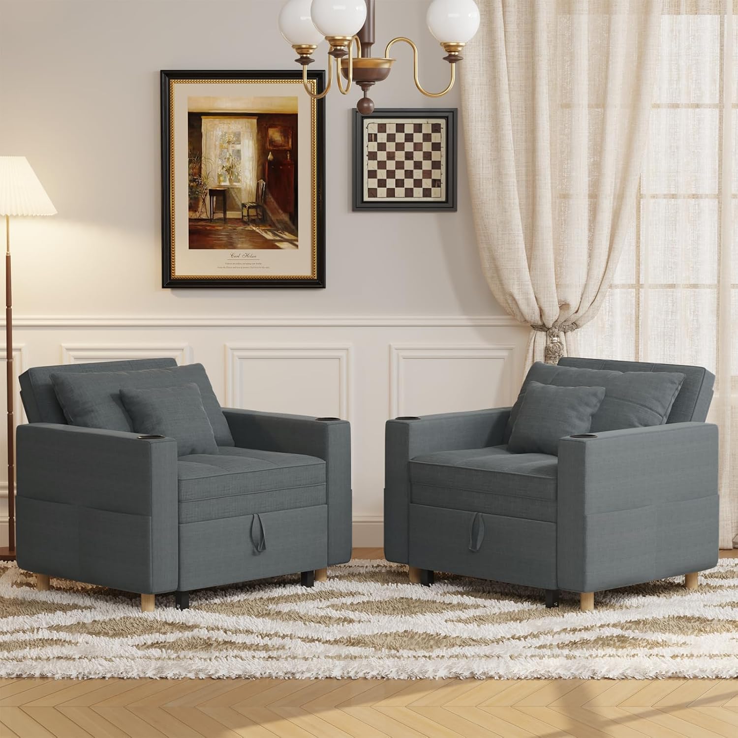 YODOLLA Sleeper Chair for Adults, 38" Extra Wide Convertible Chair Bed, Upgraded 3-in-1 Pull Out Single Sofa with Adjustable Backrest, Cup Holder for Living Room Apartment Small Space, Dark Grey