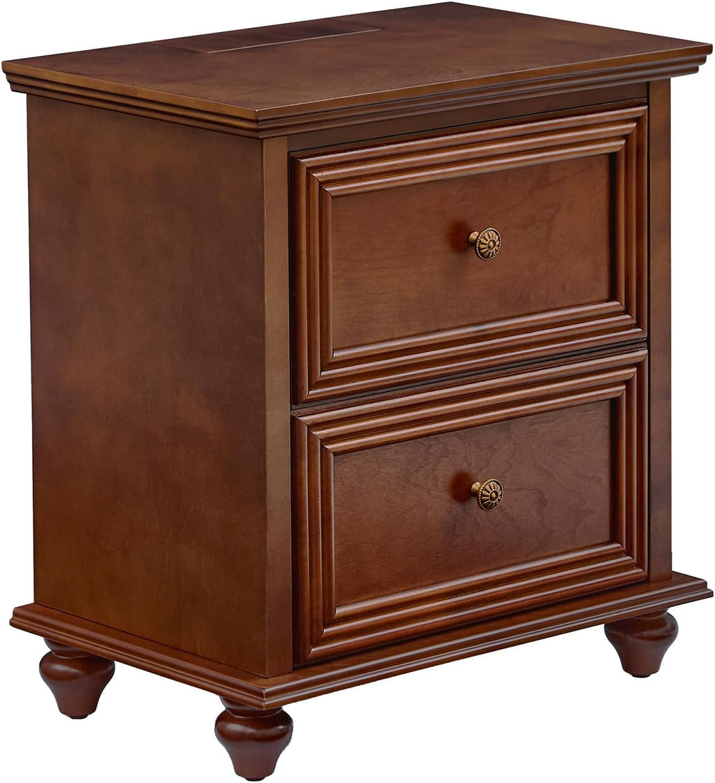 Traditional End Table with Storage & Charging Station 22.9-Inch Wood Modern Vintage Side Table Nightstand with 2 Drawers for Living Room Bedroom, Walnut