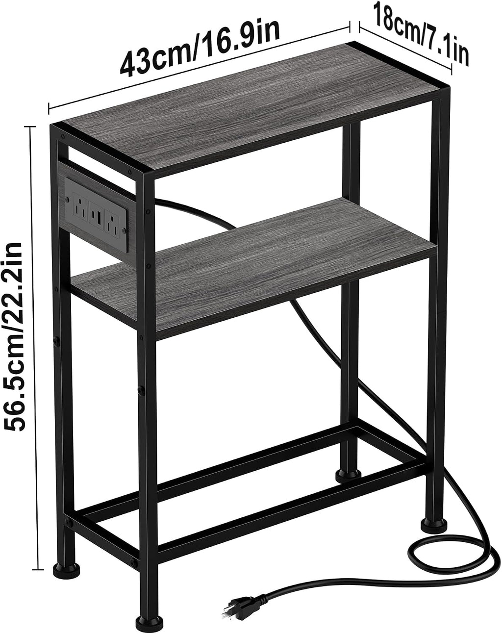 Small Narrow Side Table with Charging Station, Skinny End Table for Small Spaces, Slim Nightstand with Outlets, Sofa Bedside Table in Living Room, Bedroom, Study, Kitchen and Balcony(Grey)