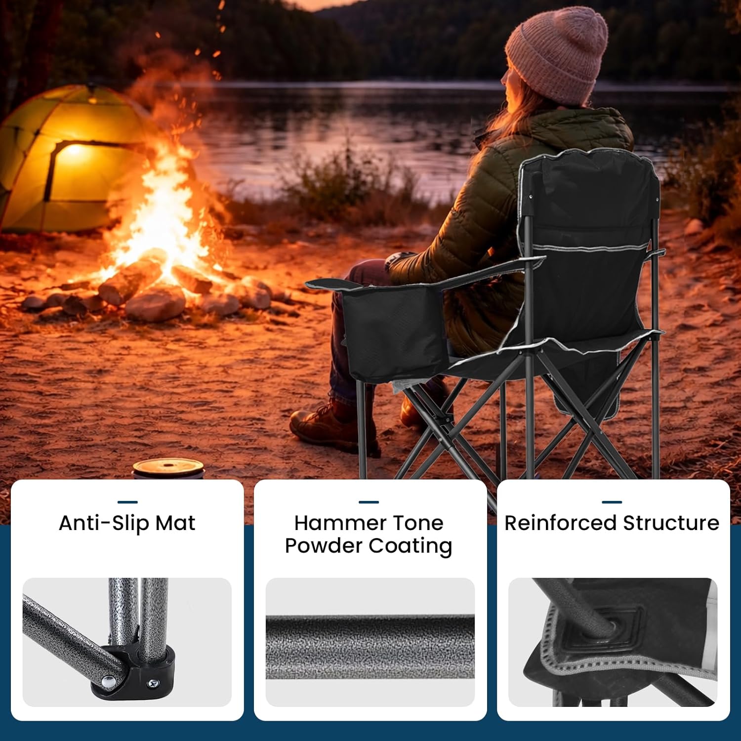 Oversized Camping Chair 500lbs Capacity for Big and Tall, 2 Pack Extra Wide Padded Folding Chair for Heavy People, Heavy Duty Portable Outside Chair with Cooler Bag & Cup Holder, Black
