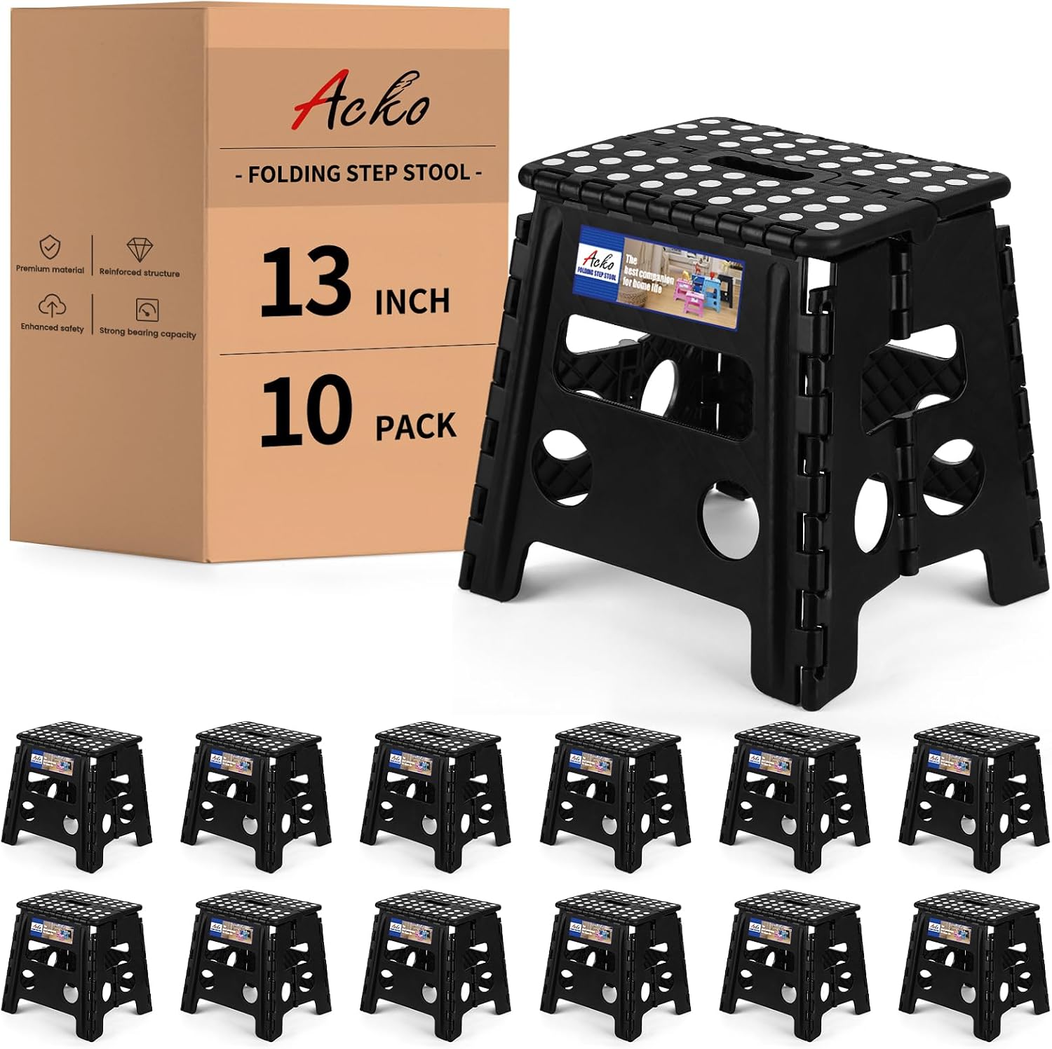ACKO 10pack Folding Step Stool 13 inch Heavy Duty Plastic Foldable Step Stool for Kids and Adults, Small Collapsible Fold Up Stepping Stool
