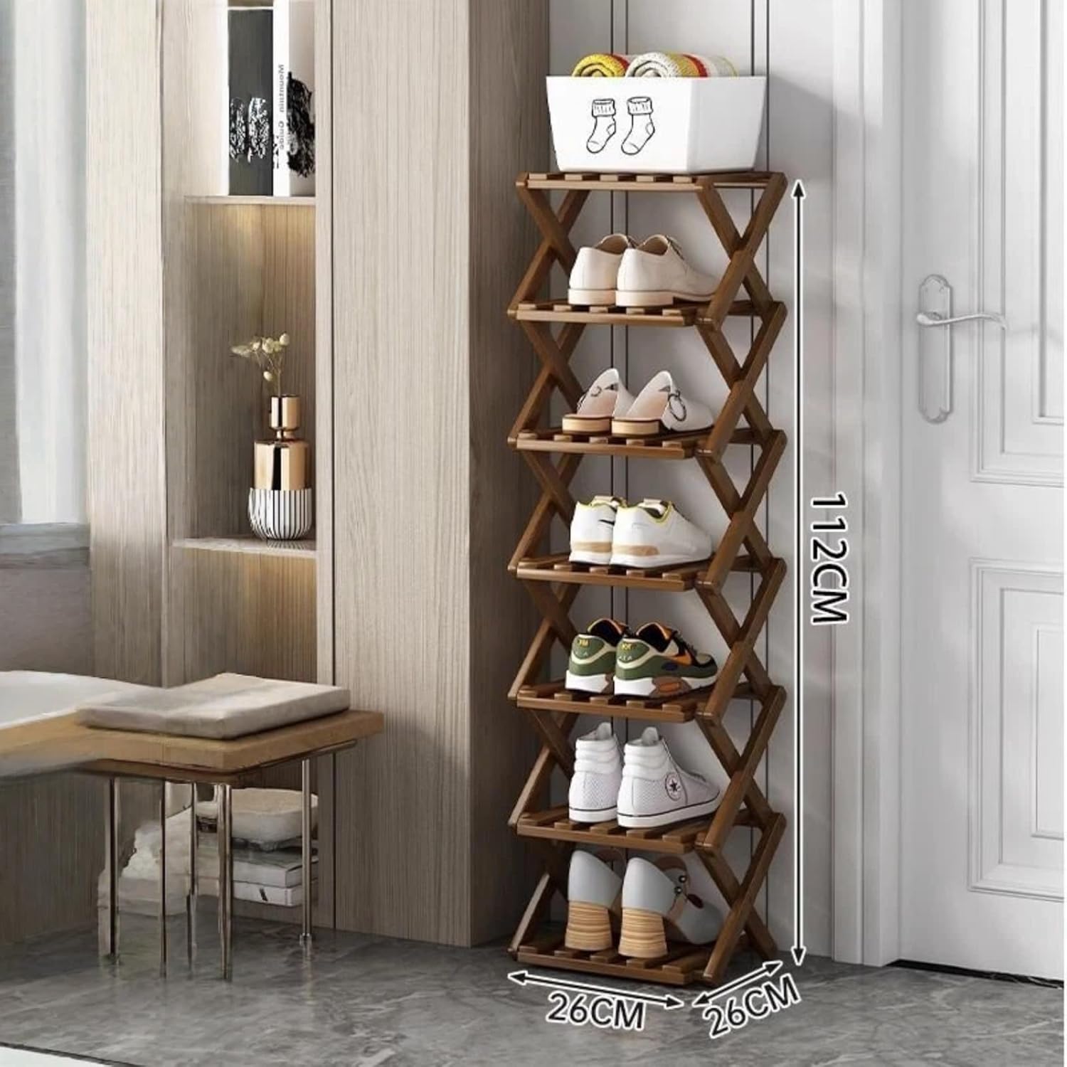 Foldable Bamboo Shoe Rack, 9-Tier No Assembly Shoe Organizer, Space-Saving Free Standing Shoe Storage Shelf for Entryway, Hallway, Closet, Holds 7-14 Pairs of Shoes, Natural Bamboo Finish (Bamboo, 7)