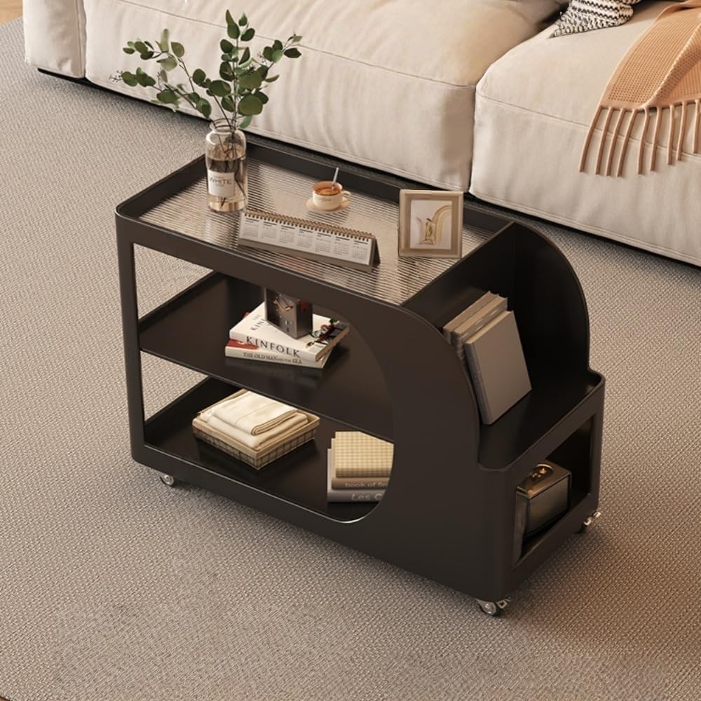 Mobile Sofa Side Table with Wheels, Metal Rolling End Table with Storage, 3-Tier Compact Tea Cart for Living Room, Terrace(Black,Medium)