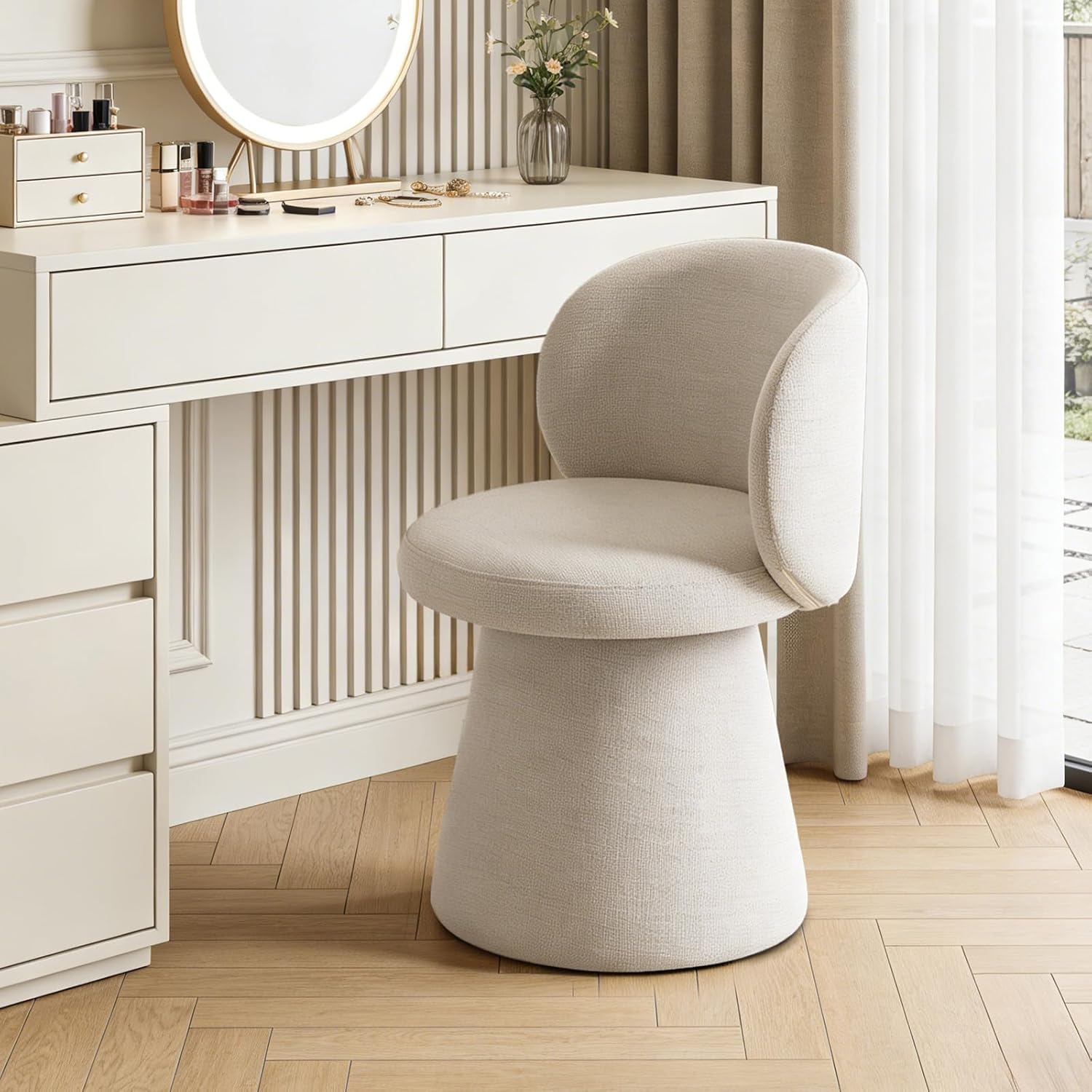 Swivel Dining Chair, Chenille Upholstered Barrel Accent Chair with 360° Swivel, Armless Vanity Chair for Makeup Room, Bedroom,Beige