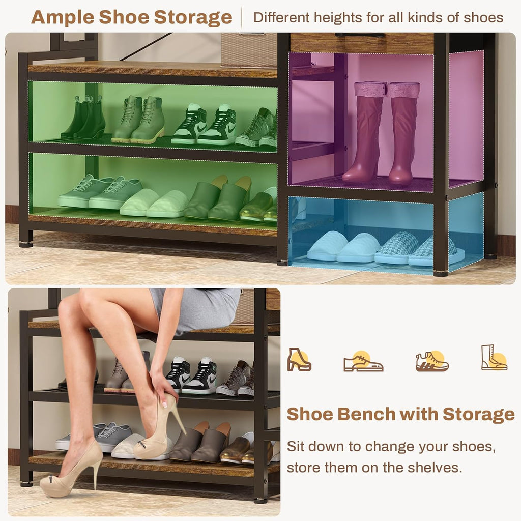 Itaar Hall Tree with Bench and Shoe Storage, 7-in-1 Entryway Bench with Coat Rack, 3 Storage Cubbies, 3 Open Shelves, 17 Coat Hooks, 2 Fabric Drawers (Rustic Brown)