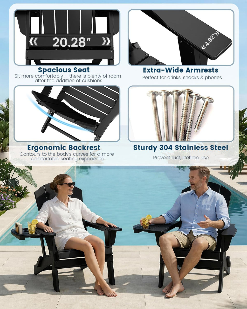 FOOWIN Folding Adirondack Chair Set of 4, HDPE Adirondack Chairs with Cup Holder, Weather Resistant Plastic Fire Pit Chairs for Outdoor, Patio, Lawn, Garden, Backyard, Deck, Black