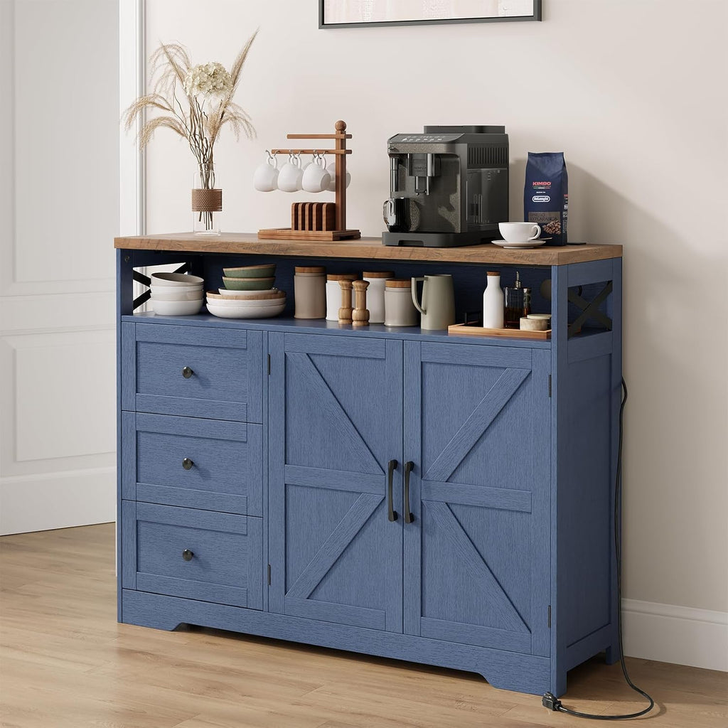 FiveWillowise 47" Blue Farmhouse Storage Cabinet with Barn Doors and Drawers, Sideboard Buffet Cabinet with Storage, Kitchen Pantry Hutch, Coffee Bar Station Table for Kitchen, Living, Dining Room
