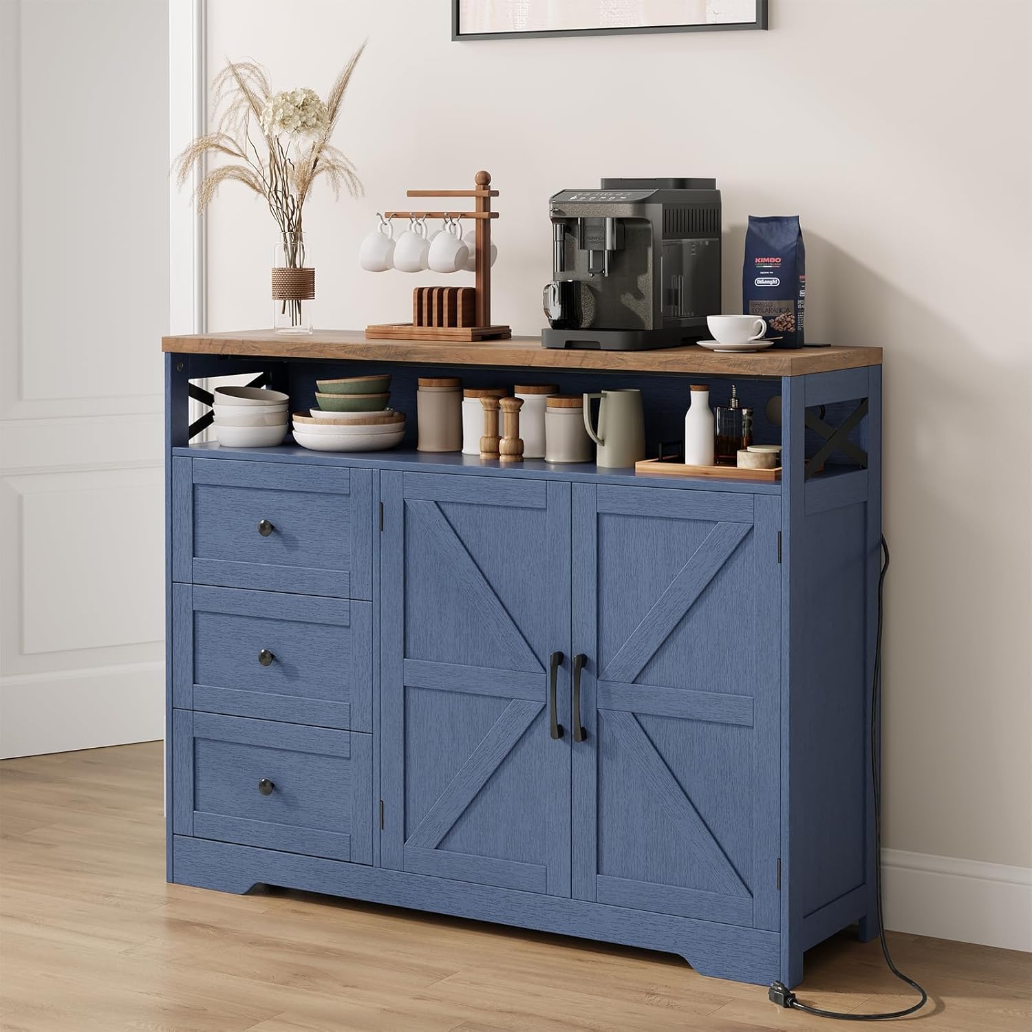 FiveWillowise 47" Blue Farmhouse Storage Cabinet with Barn Doors and Drawers, Sideboard Buffet Cabinet with Storage, Kitchen Pantry Hutch, Coffee Bar Station Table for Kitchen, Living, Dining Room