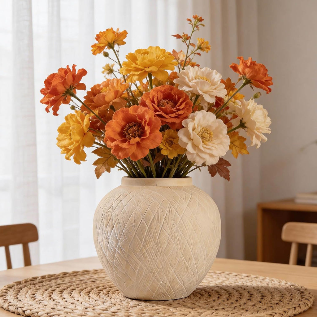Large Carved Rustic Farmhouse Vase Home Decor - 8.8 in Ceramic Boho Decorative Vase for Decor, Round Clay Beige Terracotta Bowl vase for Living Room, Table, Shelf, Centerpieces