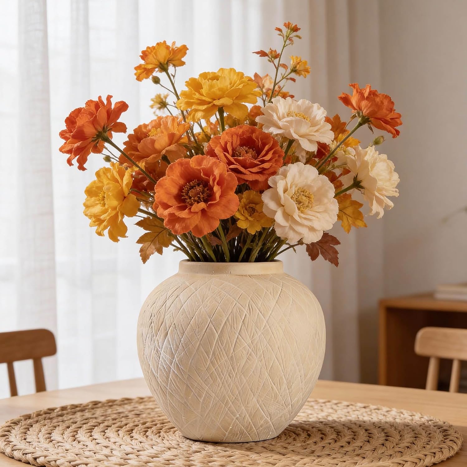 Large Carved Rustic Farmhouse Vase Home Decor - 8.8 in Ceramic Boho Decorative Vase for Decor, Round Clay Beige Terracotta Bowl vase for Living Room, Table, Shelf, Centerpieces