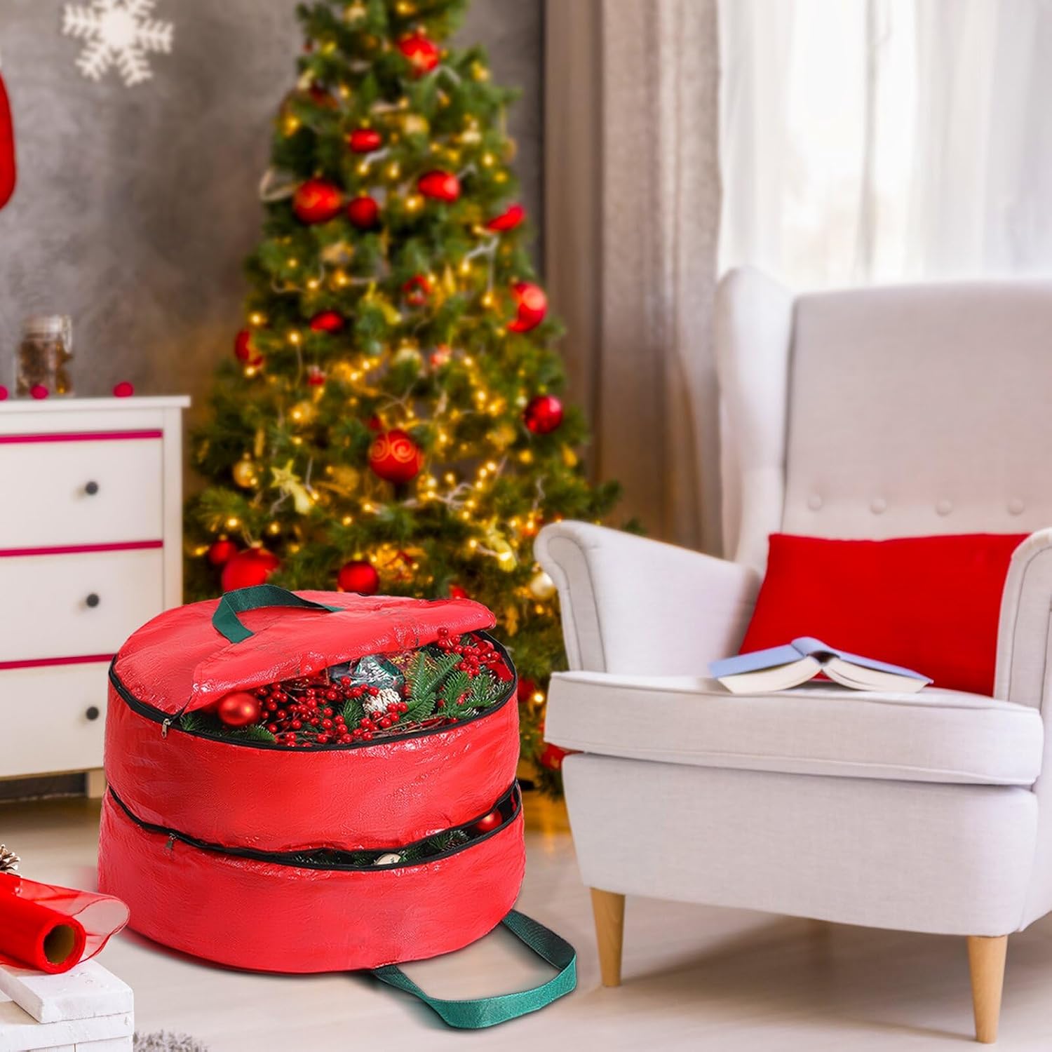 Shappy Double Layer Wreath Storage Container Bag Wreath Storage Pure Color Seasonal Garland Holiday Christmas Container Festive Box with Dual Zippers and Handles for Xmas(30 Inch,Red)