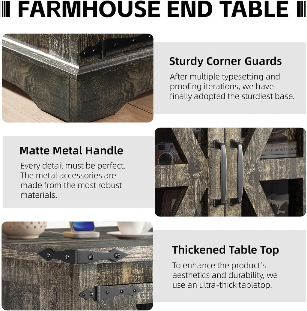 Farmhouse End Table, 24" Large End Tables with Storage, Rustic Square Sofa Beside Table with Glass Barn Door, Wood Side Table Square Nightstand for Living Room, Bedroom, Office (Antique Finish)