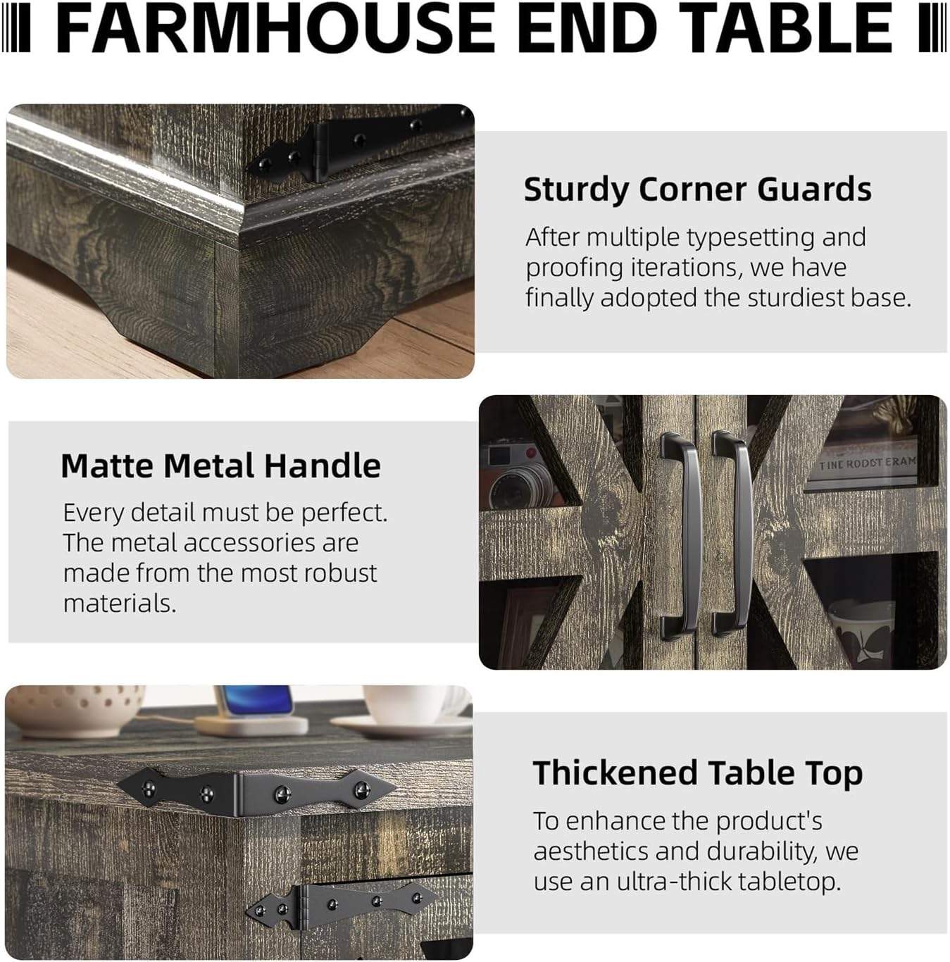 Farmhouse End Table, 24" Large End Tables with Storage, Rustic Square Sofa Beside Table with Glass Barn Door, Wood Side Table Square Nightstand for Living Room, Bedroom, Office (Antique Finish)