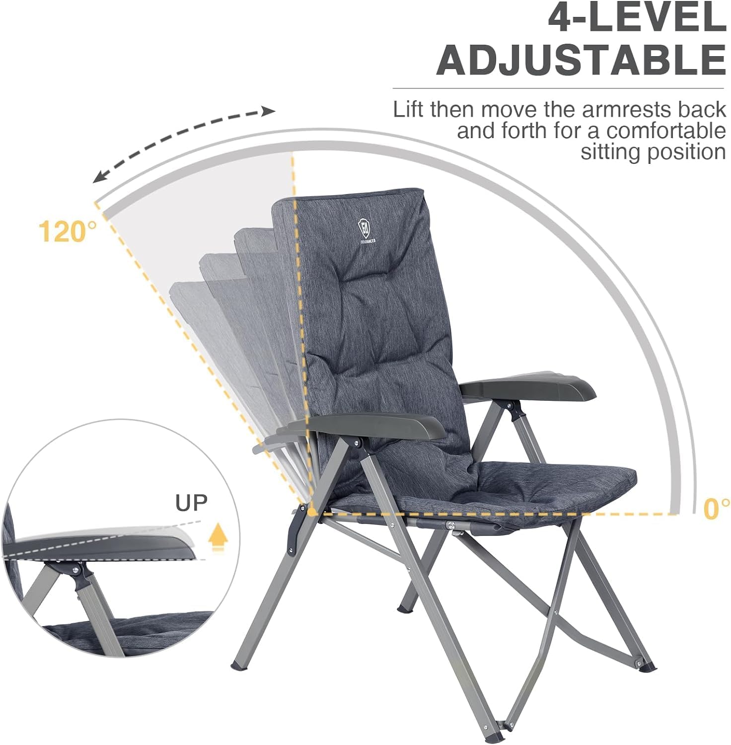 EVER ADVANCED Luxury Camping Chairs 2 Set for Adults Heavy Duty High Back Oversized Folding Garden Chair Comfy Padded Loadable 330LBS Adjustable Dining Chairs 4-Position Recliner Chair Grey