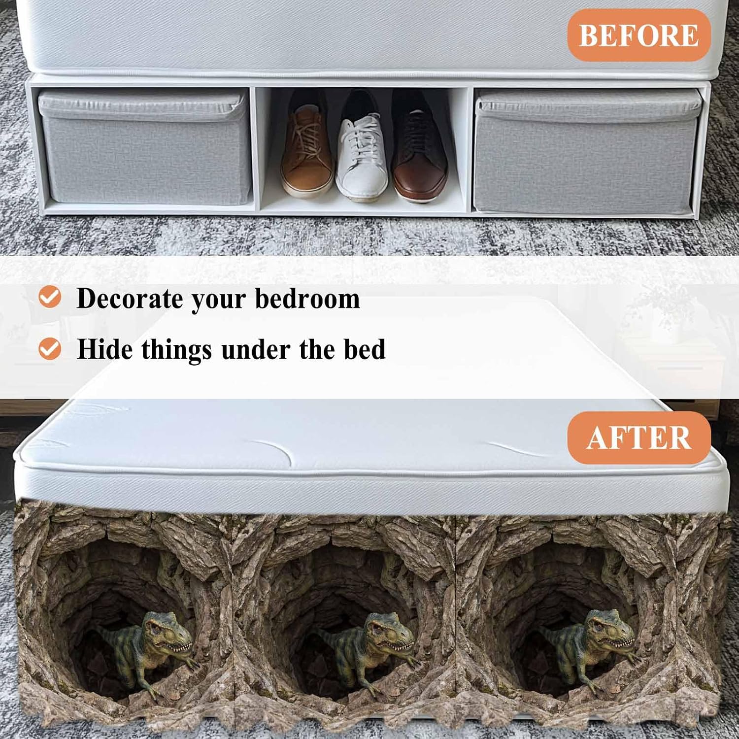 3D Optical Illusion Bed Skirt Full/Queen Size Bed Skirting 16 Inch Drop Adjustable Elastic Dust Ruffles Wrap Around Bedskirt Pleated Nature Dinosaur Stones Brown Bedding Frame Cover for Dorm