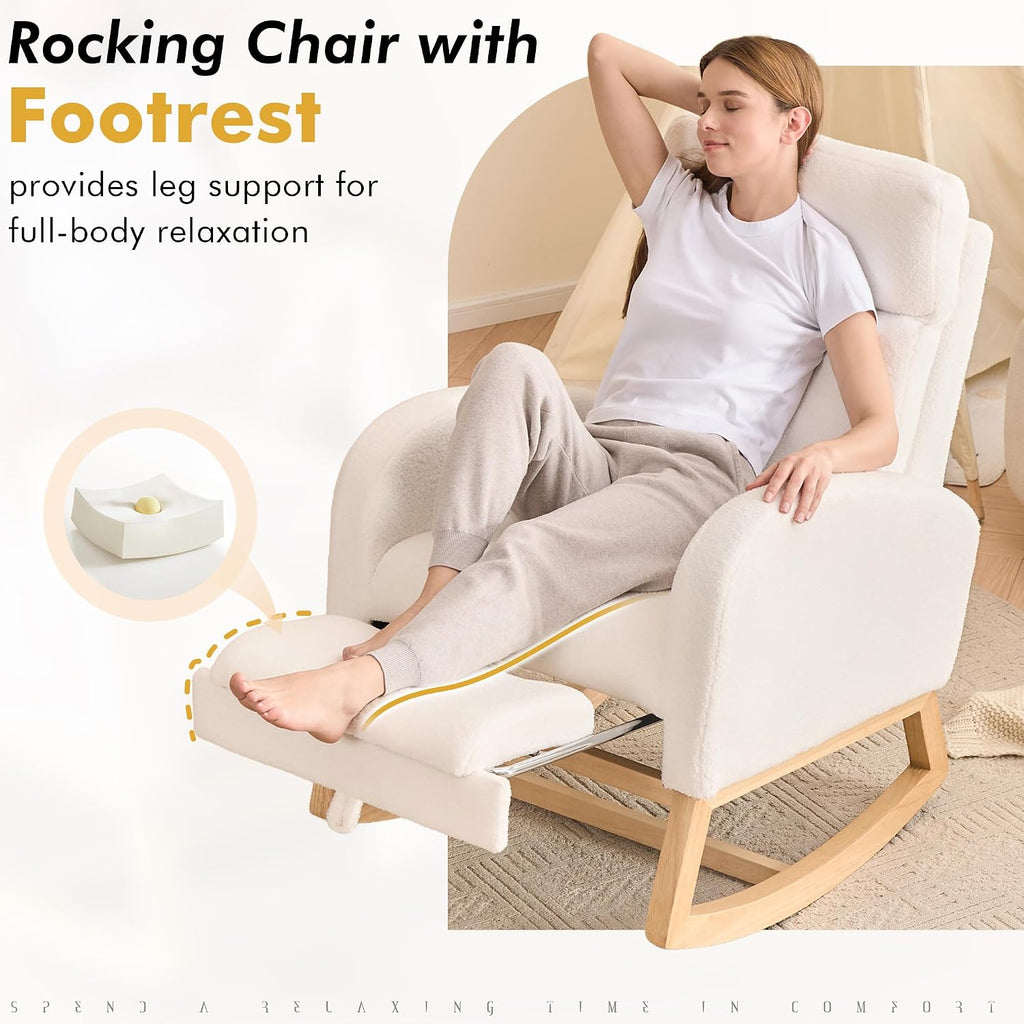 FOXHUNTER Rocking Chair for Nursery with Foot Rest Side Pocket Teddy, White | High Backrest,Headrest,Wooden Base Non-Slip Pads,Nursing Rocking Chair for Breastfeeding,Baby Bedroom,Living Room