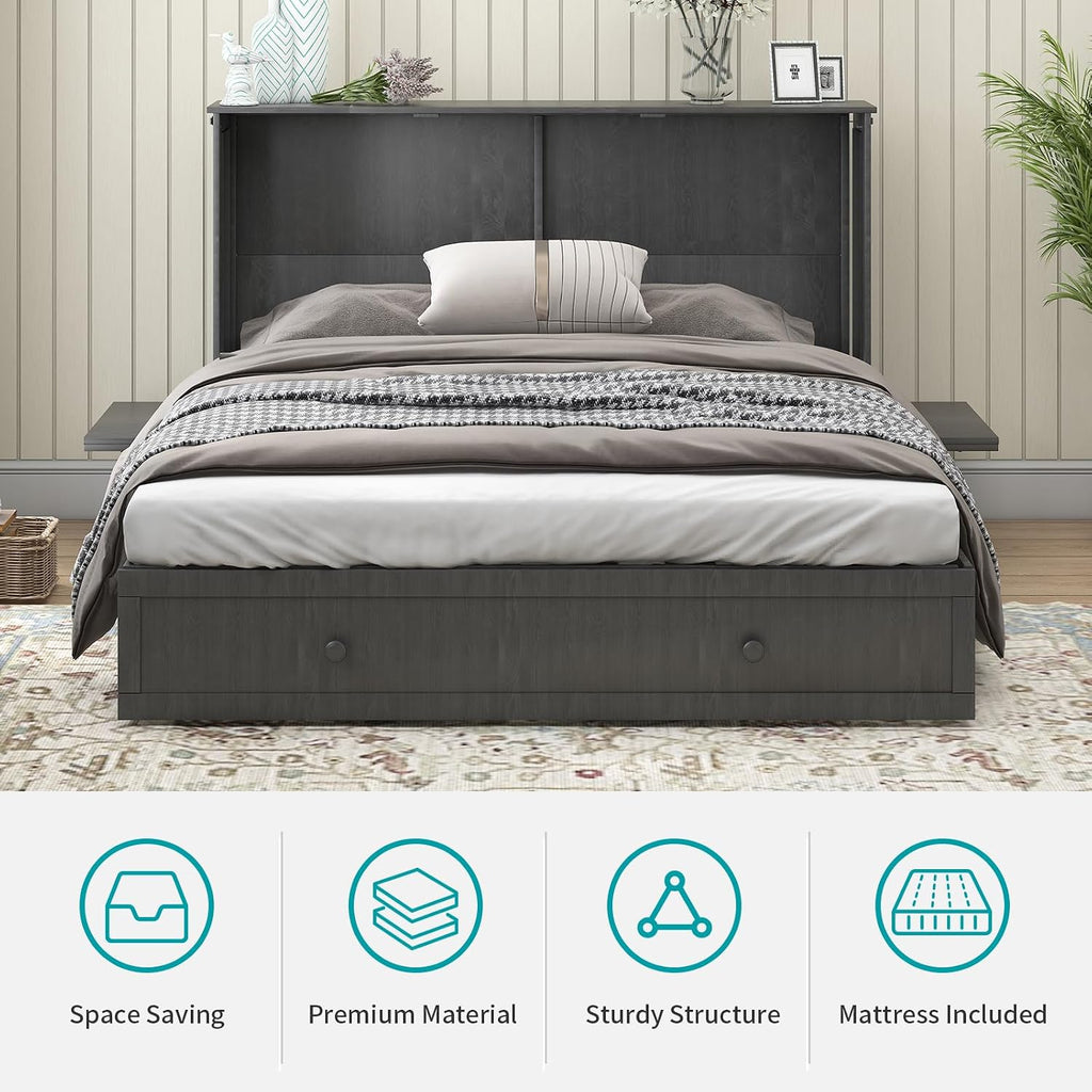 BALUS Queen Murphy Bed, Murphy Cabinet Bed with USB Charging Station-Grey | USB Charing Station, Spacious Drawer, Space Saving, Queen Bed Frame