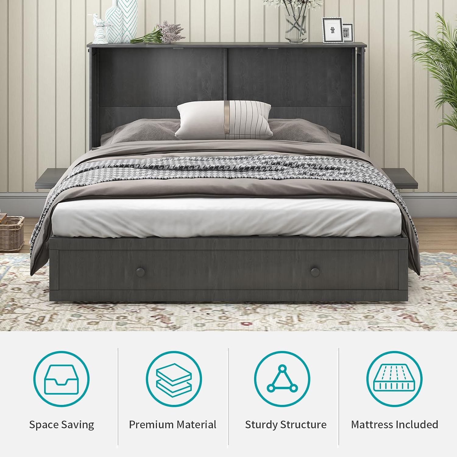 BALUS Queen Murphy Bed, Murphy Cabinet Bed with USB Charging Station-Grey | USB Charing Station, Spacious Drawer, Space Saving, Queen Bed Frame