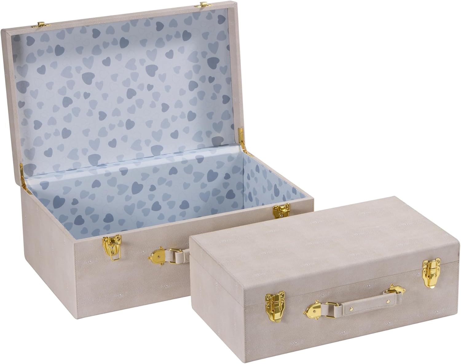 Sagala Set of 2 Large Decorative Storage Trunks, Beige Shagreen StorageTrunks And Chests with Handle, Faux Leather Large Storage Boxes for Home Organization Decor (Beige)